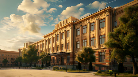 School building on a background of blue sky with clouds. 3d renderingの素材