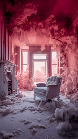 Snowy winter landscape with an armchair, a fireplace and a windowの素材