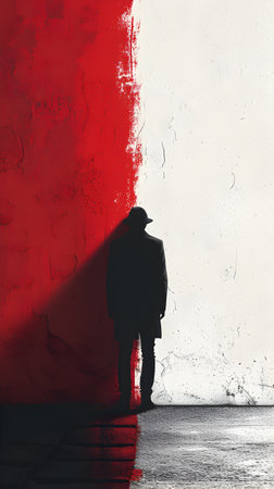 Silhouette of a man in front of a red wall.の素材