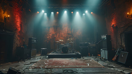 Heavy metal music concert stage with spotlights and smoke on the floorの素材