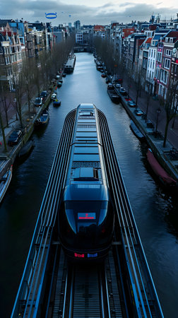 Modern electric train on the canals of the city.の素材