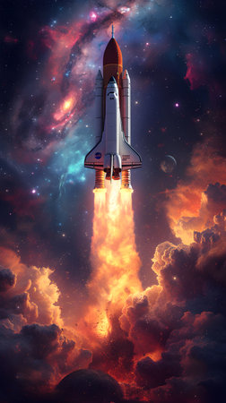 Space rocket in outer space with stars and nebula. 3D renderingの素材