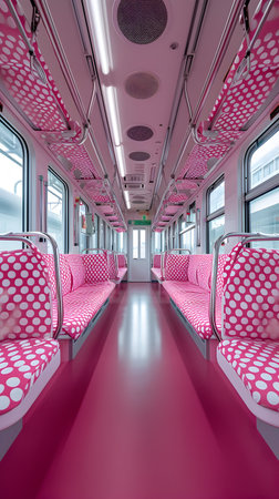 Interior of a modern train carriage with pink seats and pink pillowsの素材