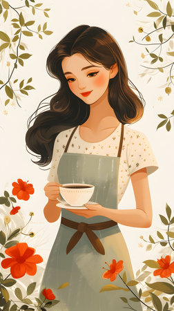 Beautiful young woman with coffee cup in hand.の素材
