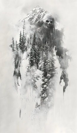 Digital painting of a bear in the mountains. Black and white.の素材