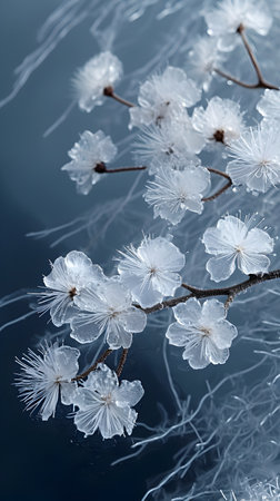 White flowers frozen in ice on dark blue background. Close-up.の素材