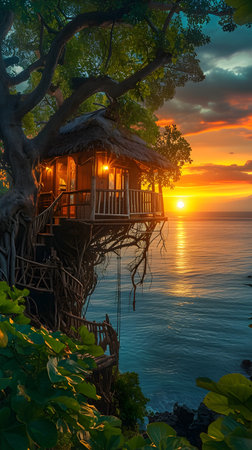 Old wooden house on the beach at sunrise.の素材