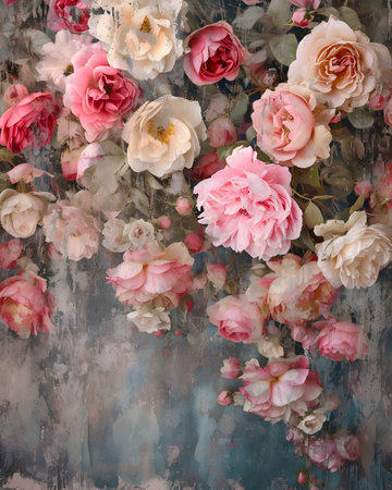 Vintage floral background with pink and white roses on a grunge backgroundの素材