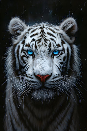 White tiger with blue eyes on a dark background, close-upの素材