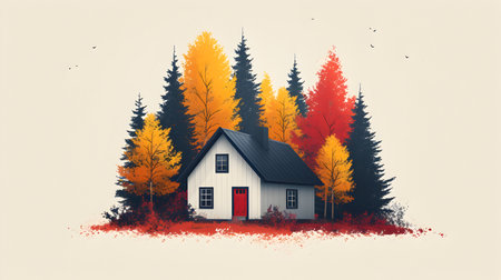 Vector illustration of a house in the autumn forest. Fall season.の素材