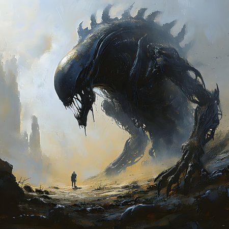Digital painting of a dinosaur in the sand with a man looking at itの素材