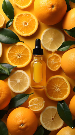 Bottle of essential oil with citrus fruits on color background, top viewの素材