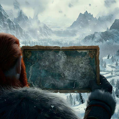 Man looking at the old map on the background of snowy mountains.の素材