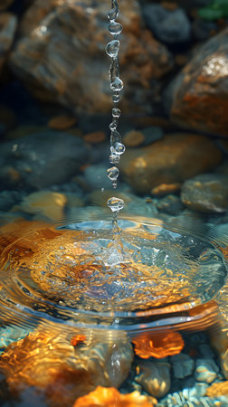 Falling drops of water. Splash effect after collision a falling drops with water Surfaceの素材