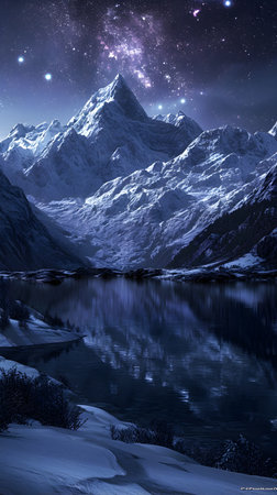 Fantastic winter landscape with snow-capped mountains and lakeの素材
