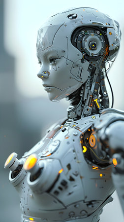 3d rendering humanoid robot in futuristic cyberspace with blurred backgroundの素材