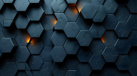 3d rendering of abstract hexagon shape background in black and orange colorの素材