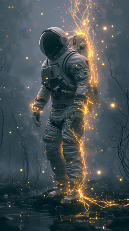 Astronaut in the dark forest. Fantasy concept. 3d renderingの素材