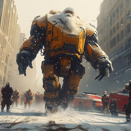 Robot Santa Claus with snow in the city street. 3d illustration.の素材