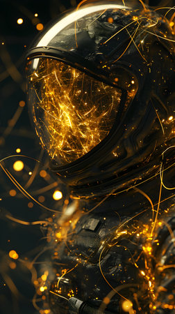 Close-up portrait of a welder with protective helmet and sparks flying in the airの素材