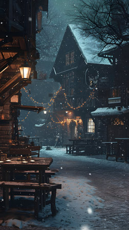 Winter night in the old town. Street cafe in the old town.の素材