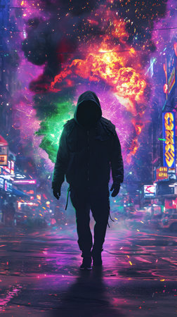 Man in a hood with a flashlight on the background of the night cityの素材