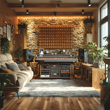3d rendering of home music room with wooden wall and wooden floorの素材