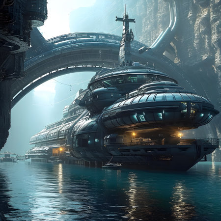 Spaceship in futuristic space. Futuristic architecture. 3D renderingの素材