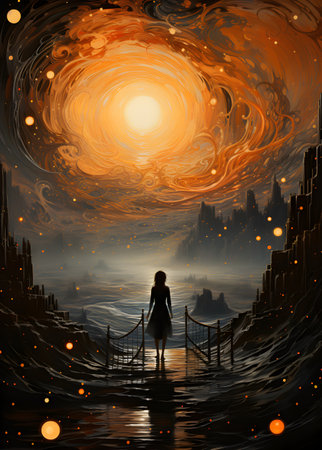 Illustration of a girl standing in the middle of the sea at nightの素材