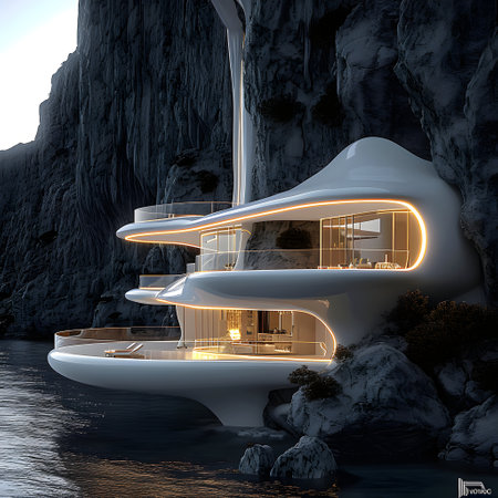 3D rendering of a futuristic house in the sea. Futuristic architecture.の素材