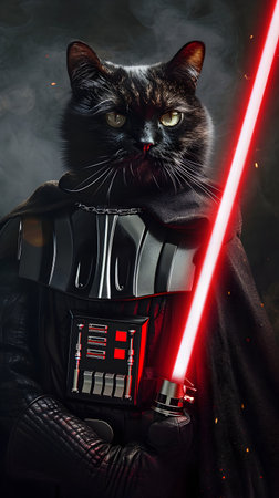 Fantasy portrait of a black cat in armor with red neon light.の素材