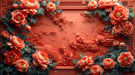 3d rendering of red and orange flowers frame on red background.の素材