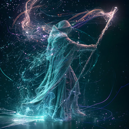 Fantasy image of a woman with magic wand. Abstract background.の素材