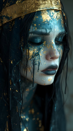 Portrait of a beautiful gothic woman with golden makeup.の素材