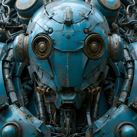 A closeup shot of an old rusty robot with blue eyes.の素材