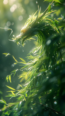 Close up of green fern leaves with water drops in sunlight.の素材