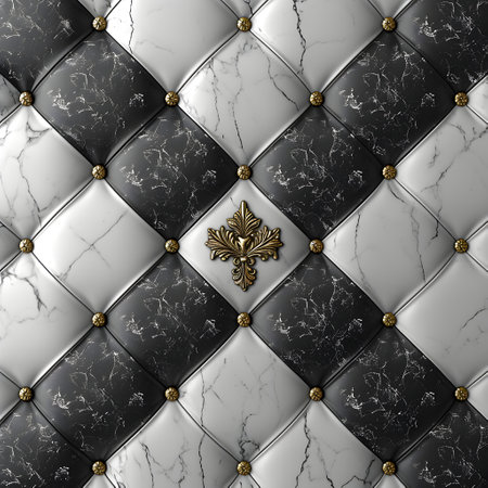 Luxury background with golden pattern on the black and white quilted patternの素材