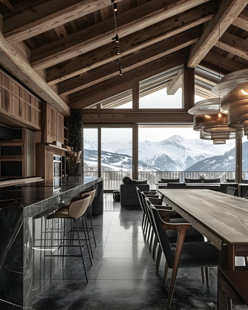 Interior of modern cafe with wooden walls, tiled floor, bar with wooden chairs and panoramic view on mountains. 3d renderingの素材