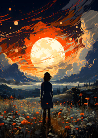 Girl in a field of poppies and full moon at sunsetの素材
