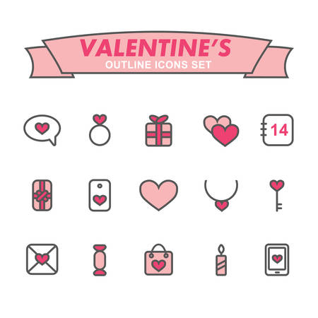 Valentine's Day outline icons set. Romantic wedding icons set.のイラスト素材