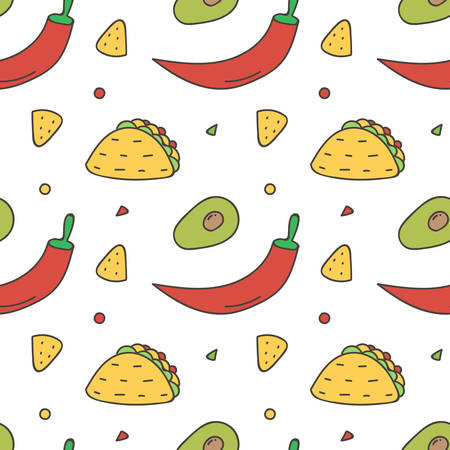 Colorful Mexican food seamless pattern background. Hot chili pepper, avocado, nachos and taco background.のイラスト素材