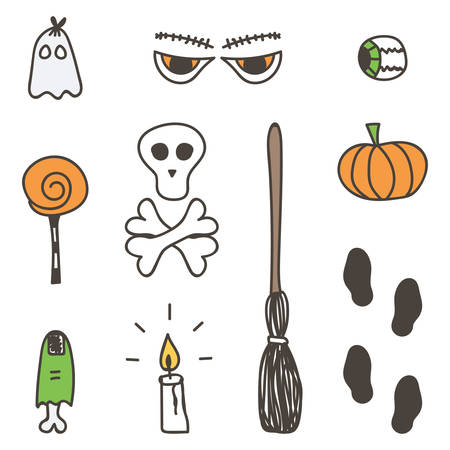 Set of cute colorful halloween doodles, hand drawn stickers isolated on white background.のイラスト素材