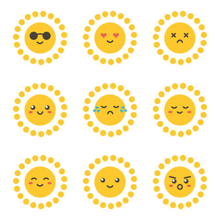 Flat design cartoon cute sun character with different facial expressions, emotions. Set, collection of emoji isolated on white background.のイラスト素材