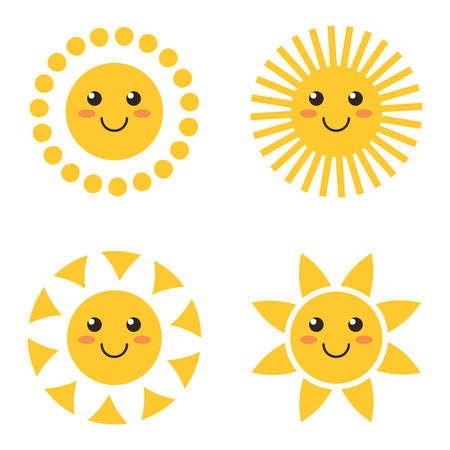 Flat design smiling cartoon sun set, collection isolated on white background. Vector illustration.のイラスト素材