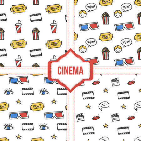 Set, collection of four simple modern colorful cinema, movie seamless patterns.のイラスト素材
