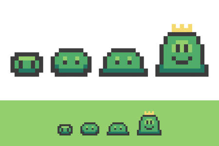 Evolution of pixel slimes from small to king slime. Set, collection of game characters.