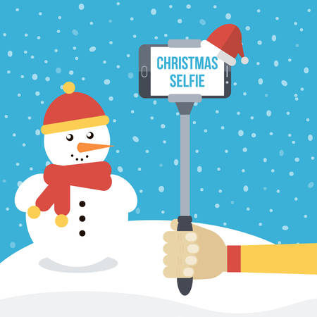 Man holding selfie monopod with smartphone in front of christmas winter background with snowman. Flat design vector illustration.のイラスト素材