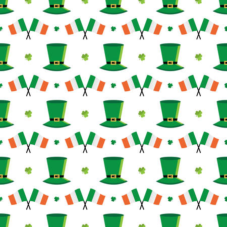 St.Patrick's Day national Ireland holiday seamless pattern background with clover leaves, leprechaun hats and flags.のイラスト素材