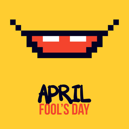 April fool's day greeting card with big pixel smile on yellow background.のイラスト素材