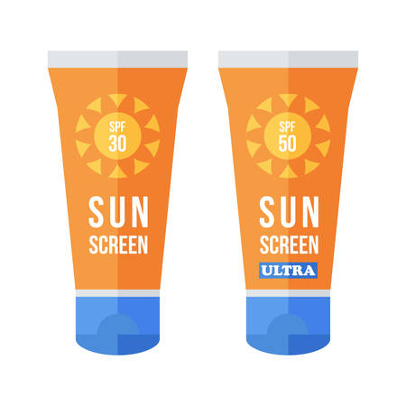 Flat design vector sunscreen bottles, tubes isolated in white background.のイラスト素材